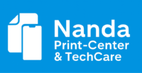 Logo for Nanda Print-Center & TechCare, representing printing and tech services in white and blue